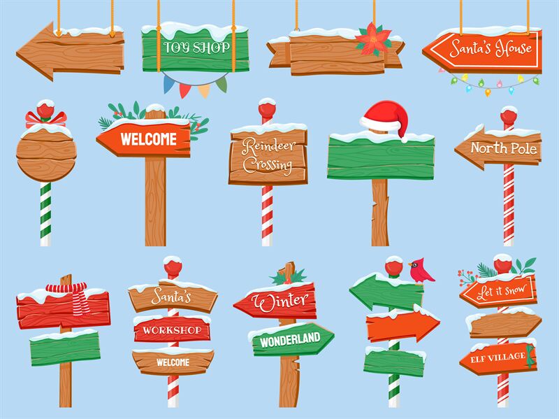 North pole signs. Christmas wooden street signboad with snow. Arrow si ...