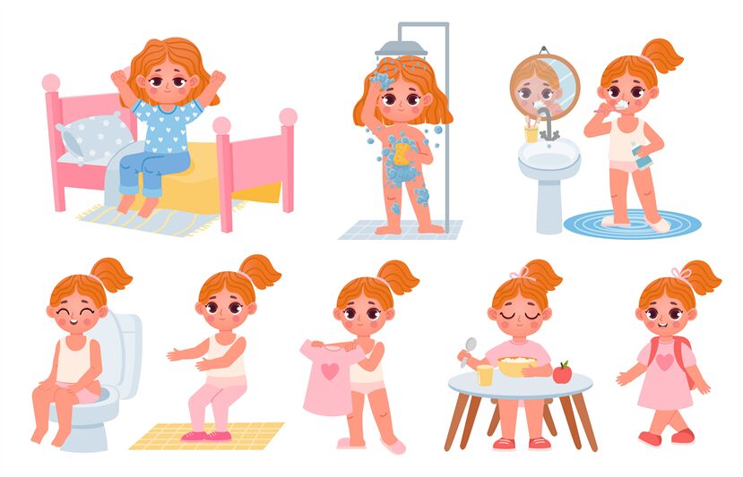 Cartoon little kid girl home daily routine. Cute child dress, shower, By  Tartila | TheHungryJPEG