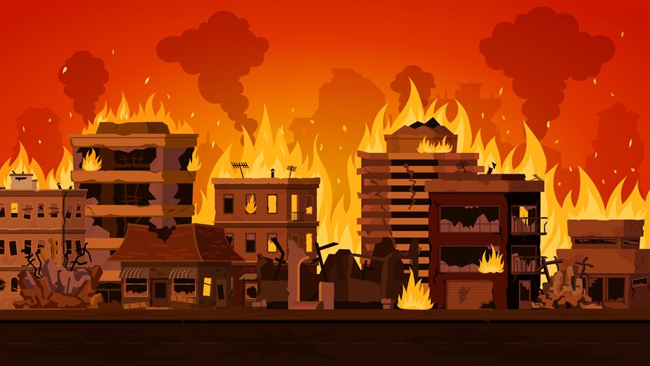 Cartoon apocalyptic city landscape with destroyed building on fire. Ci