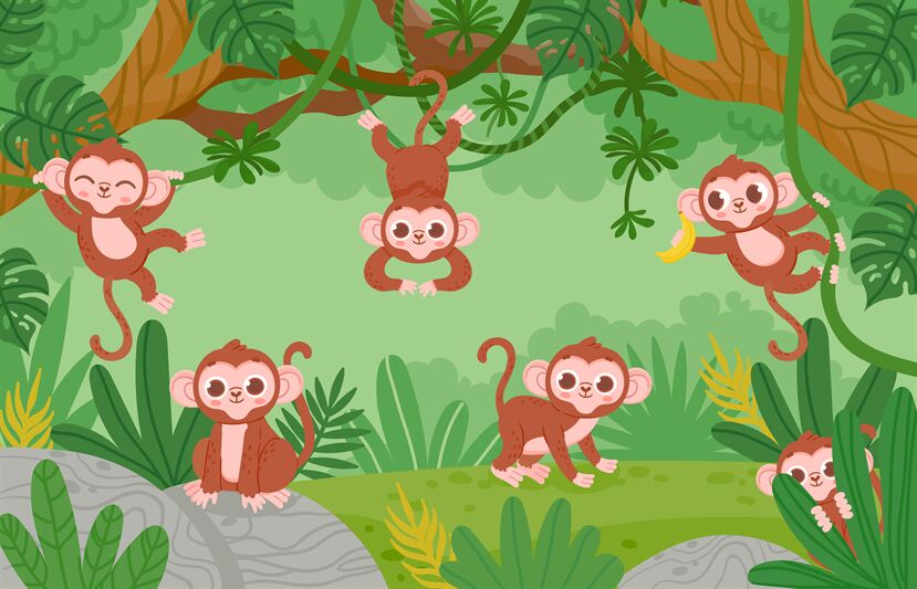 Cute monkeys hanging on lianas trees in jungle forest. Cartoon happy m By  Tartila | TheHungryJPEG