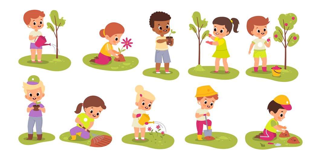 Kid gardener. Children work in garden. Babies watering trees and picki ...