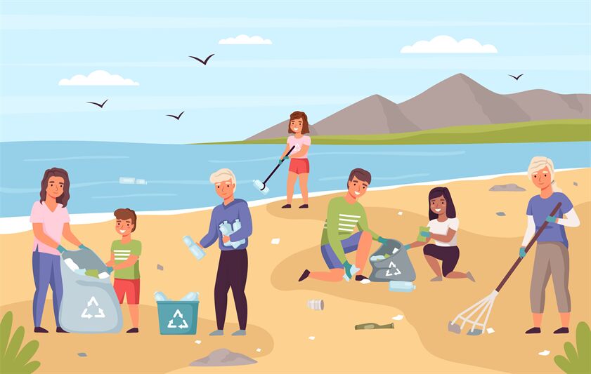 Collect beach garbage. Parents with children clean seashore from trash ...