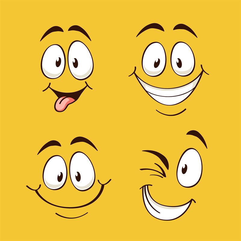 Positive emotions. Happy faces on yellow background, comic eyes brows ...