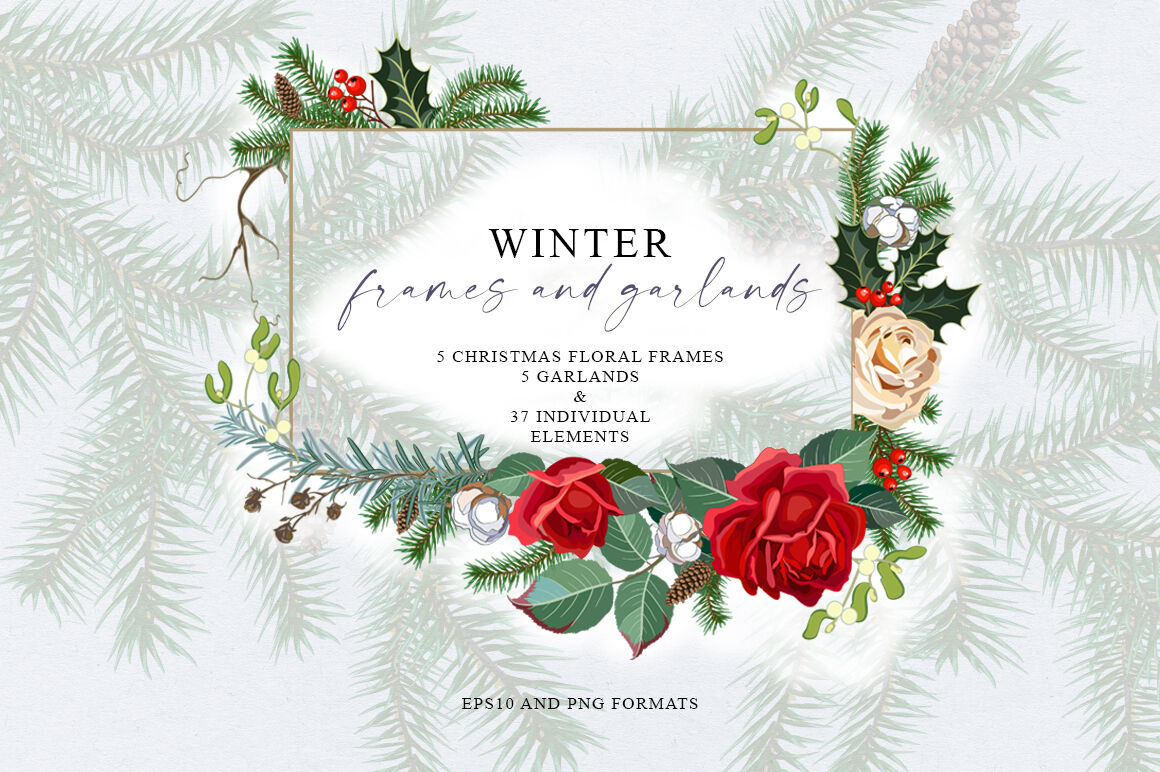 Christmas Floral Frames PNG, Winter Flowers Garlands By Vasmila Design