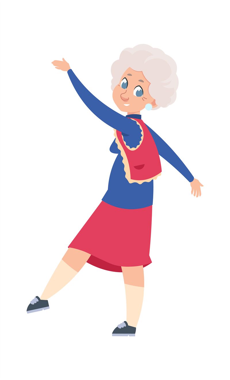 Old dancing woman. Cartoon older dancer waving hands and legs, retired ...