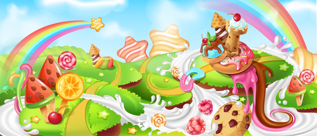 Landscape with sweets. Cartoon candy land with chocolate farmhouse, mi By  SpicyTruffel | TheHungryJPEG