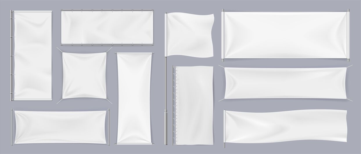 Textile banners. Realistic white blank flags, horizontal and vertical ...