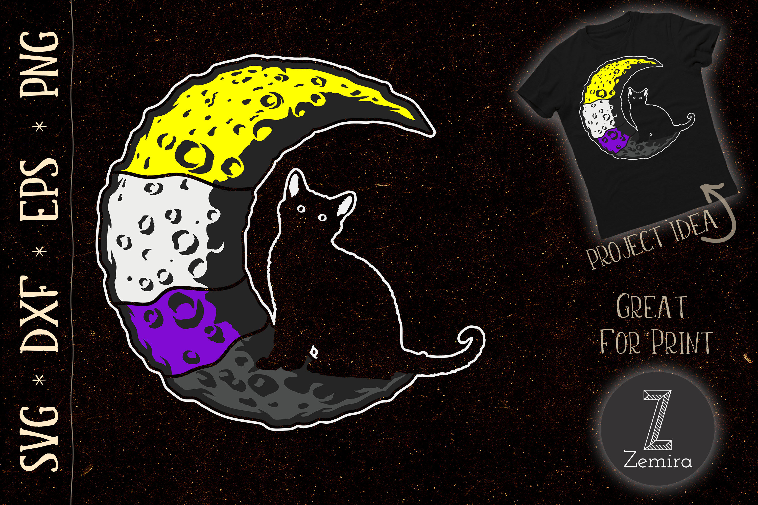 Nonbinary Moon Space Cat LGBT Pride By Zemira | TheHungryJPEG