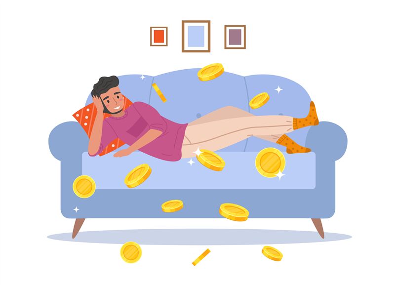 Passive income. Cartoon man earns money relaxing at home. Young male l By  YummyBuum | TheHungryJPEG