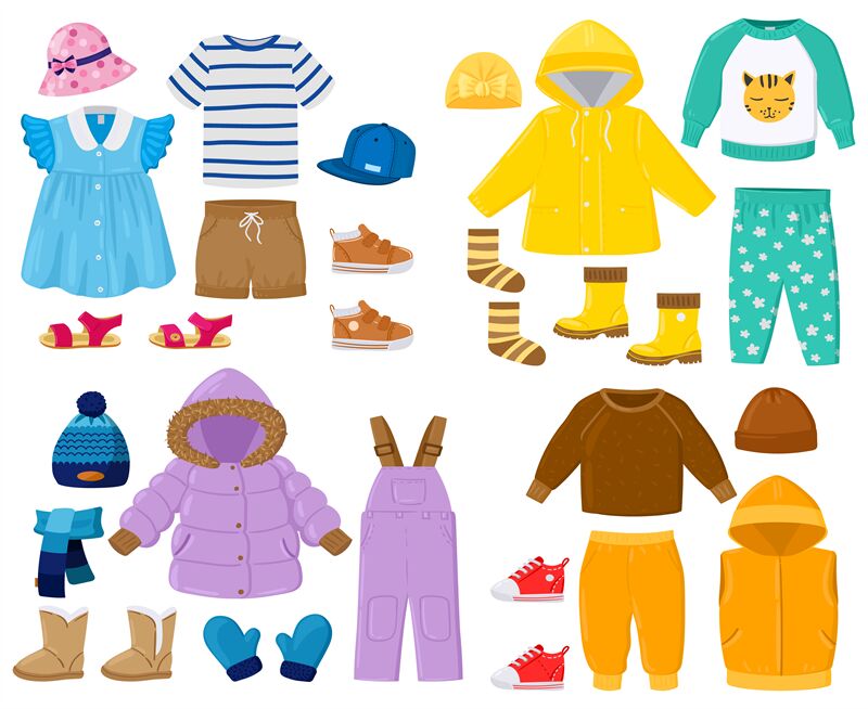 Cartoon kids seasonal winter, spring, summer, fall clothes. Puffer jac ...
