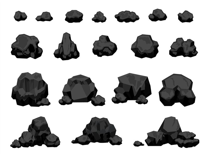 Cartoon mine black coal pieces and piles, burning material. Charcoal l By  Tartila | TheHungryJPEG