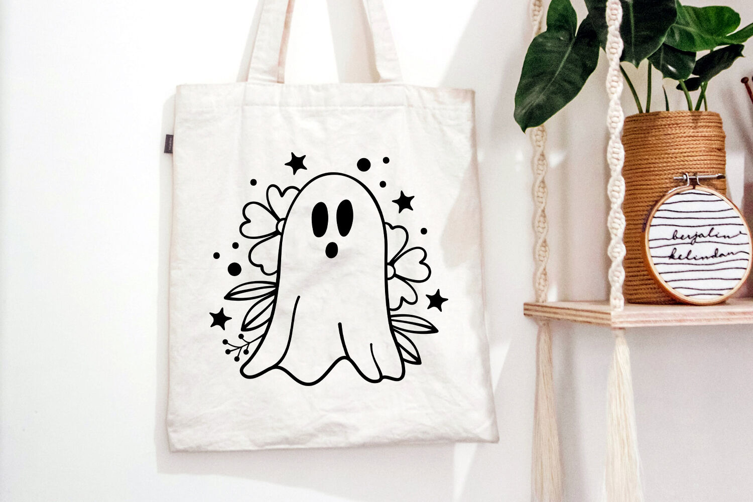 Checkered Floral Ghost Halloween Personalized Tote Bag DIY Kits