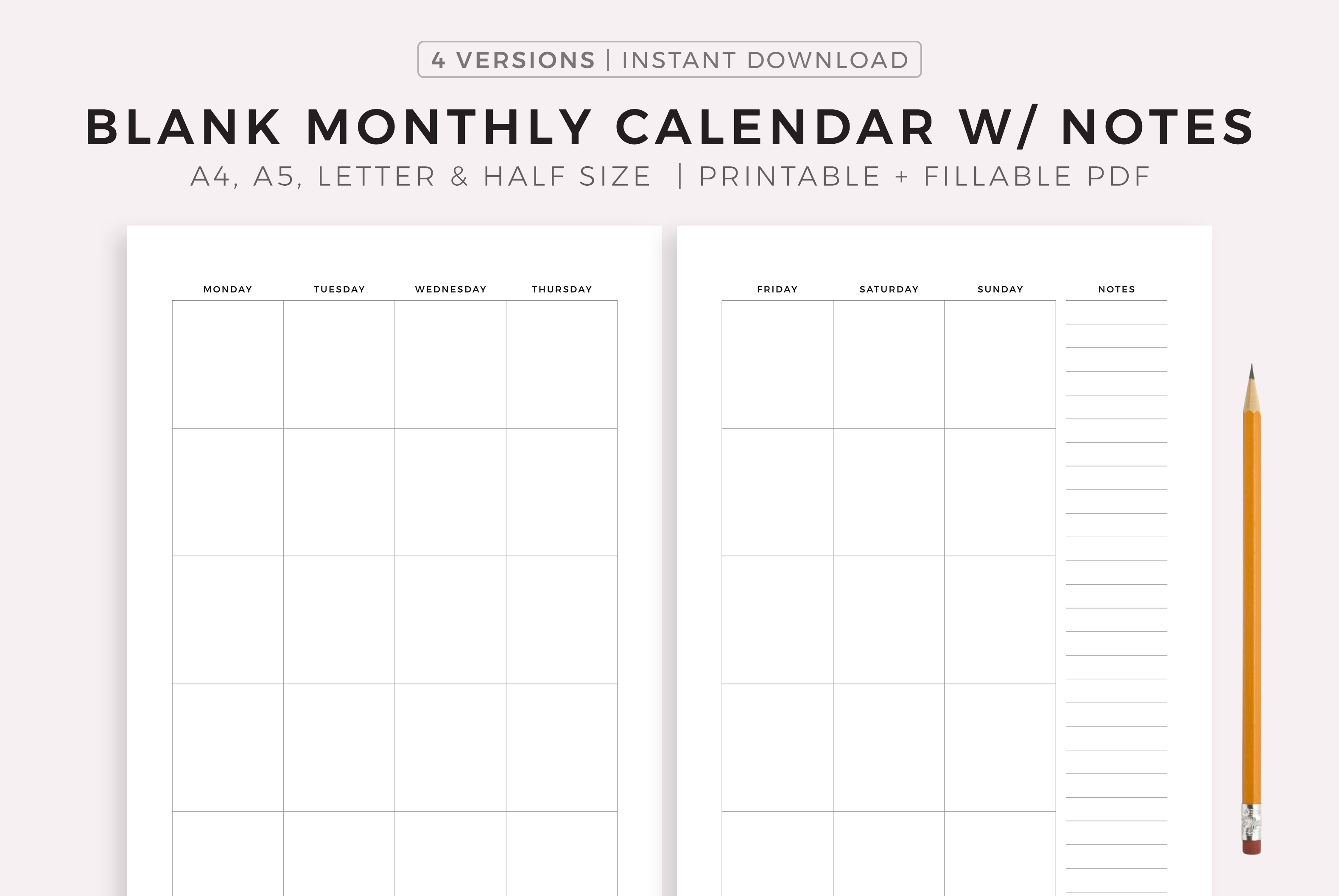 blank monthly calendar with notes 2 page printable calendar template by mylifeplans thehungryjpeg com