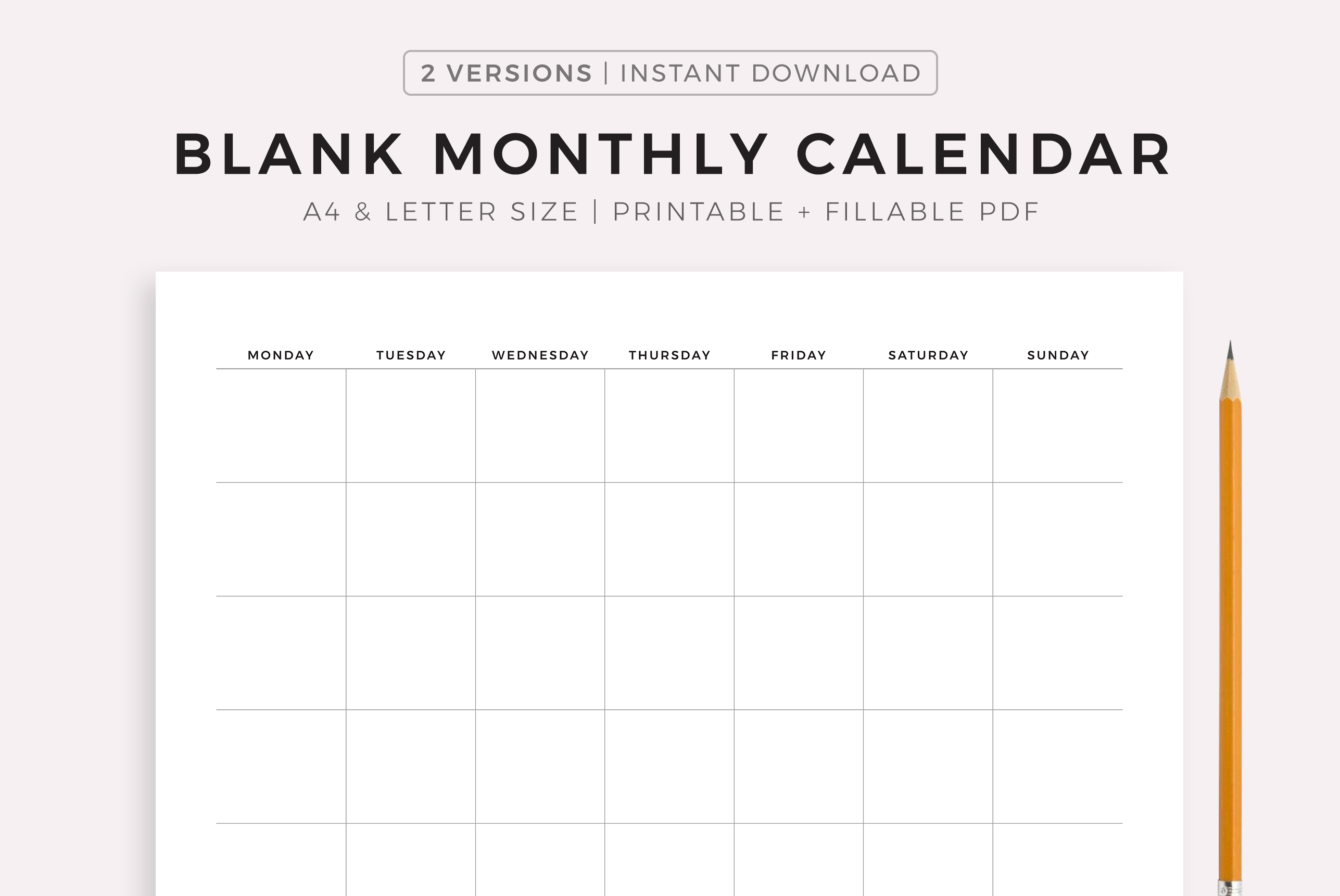 Editable Blank Monthly Calendar  Instant Download Fillable PDF