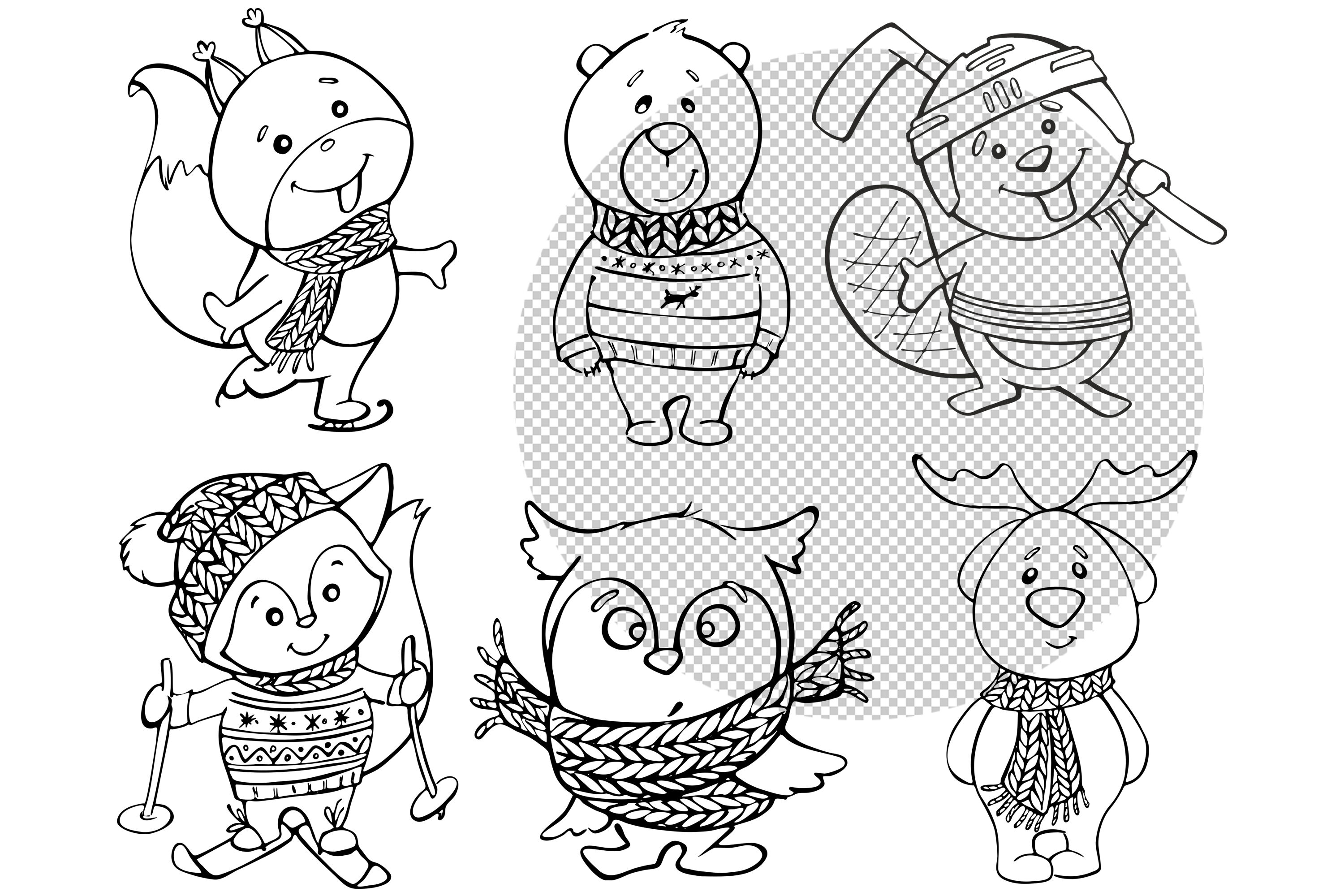 cute winter animals clipart black and white