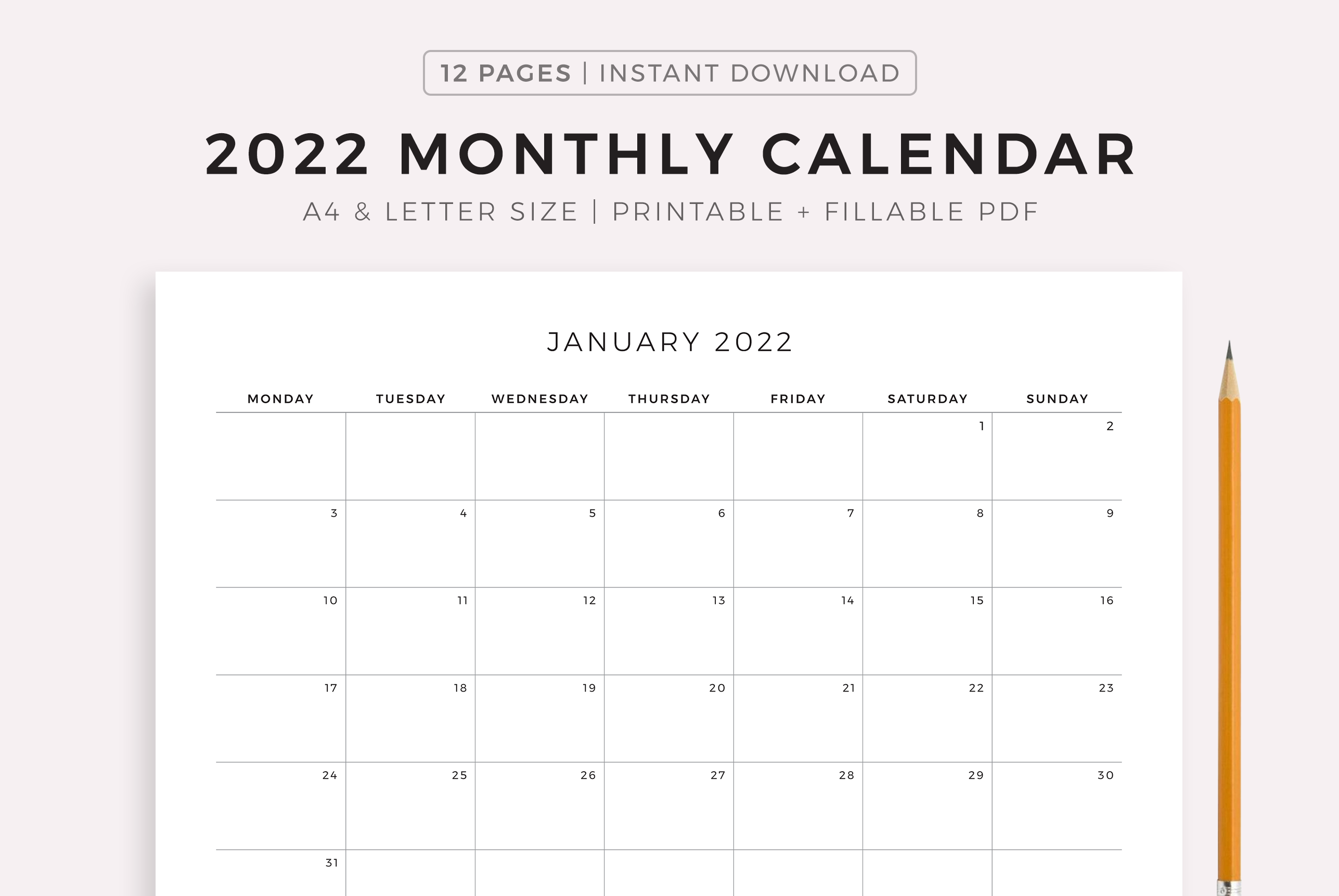 2022 Monthly Calendar Landscape, Year Calendar, Minimalist Calendar By ...