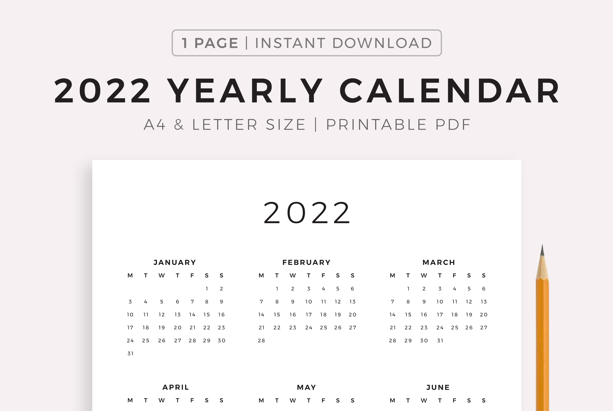 2022 Year Calendar Printable, Sunday & Monday Start, A4/Letter By ...