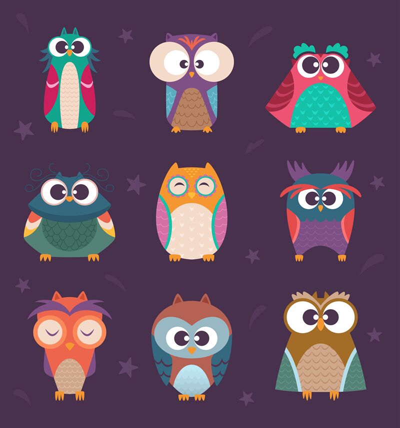 Cute Owls. Wild Birds Kids Colored Vector Illustrations Funny Cartoon 