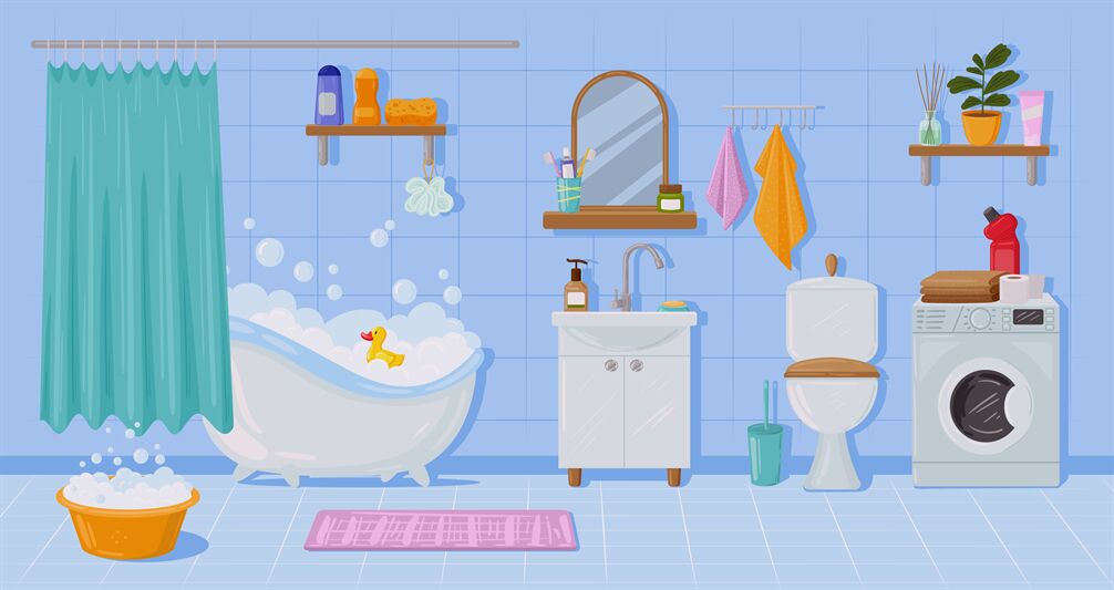 Cartoon apartment bathroom interior, bathtub and sink. Toilet, washing By  WinWin_artlab | TheHungryJPEG