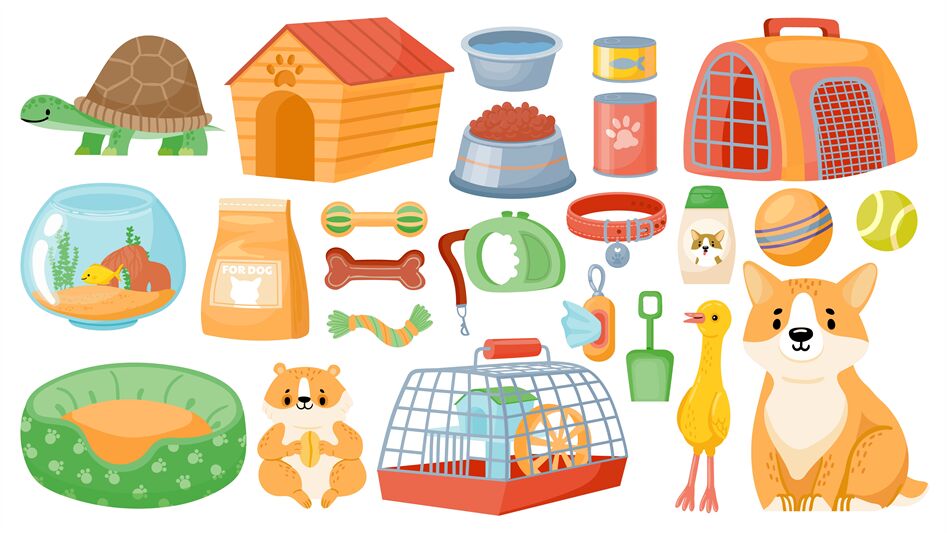 Cartoon pet food, accessories, care items, toys and treats. Animal sho By  Tartila | TheHungryJPEG