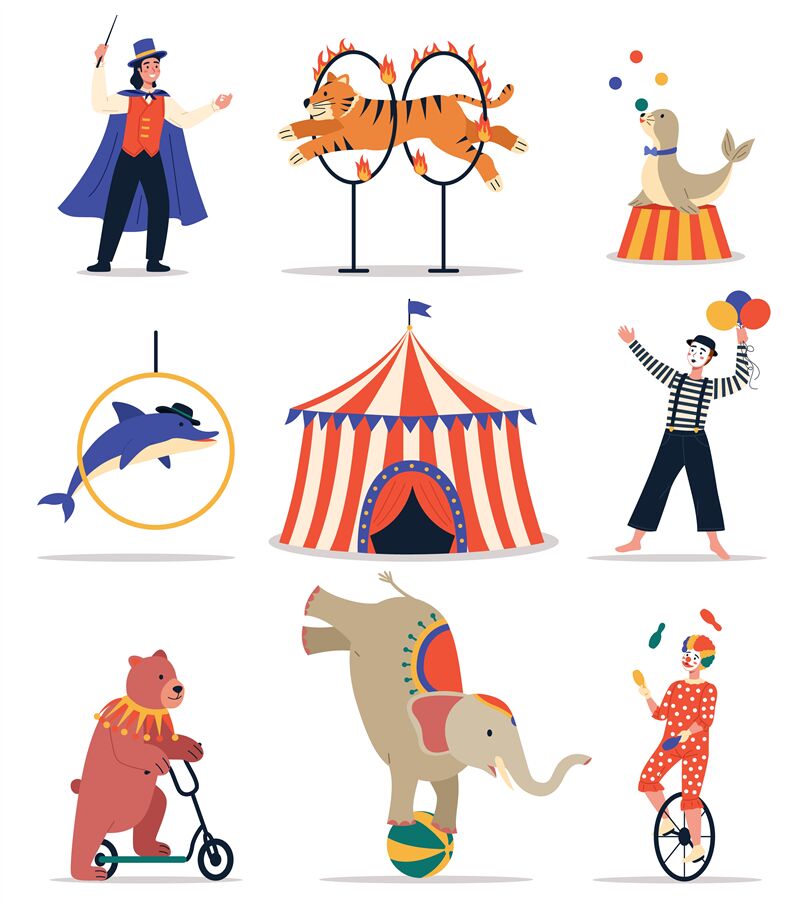 Circus animals. Funny trained animals. Show elements hoops, bollards a ...