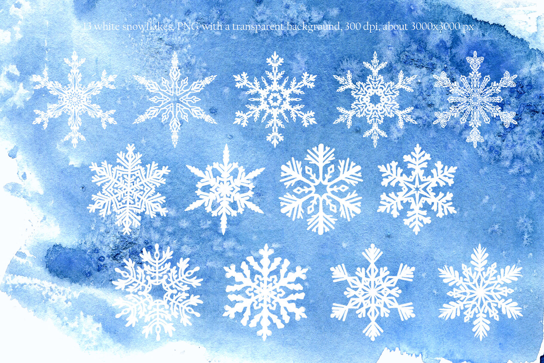 Blue, Silver Snowflakes Watercolor Clip Art. Christmas, Winter Wedding,  Baby Shower Clipart. Watercolor Painting. Digital Download. PNG. 35