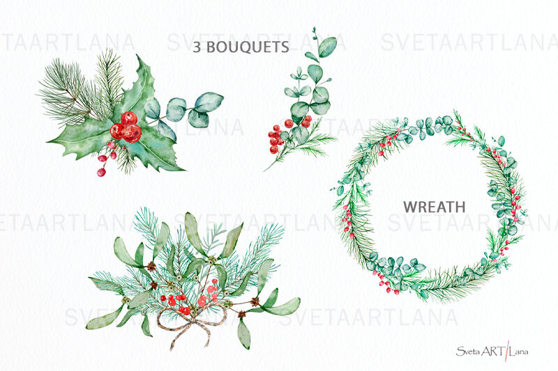 Watercolor Christmas Greenery Decor Clipart PNG By SvetaArtLana