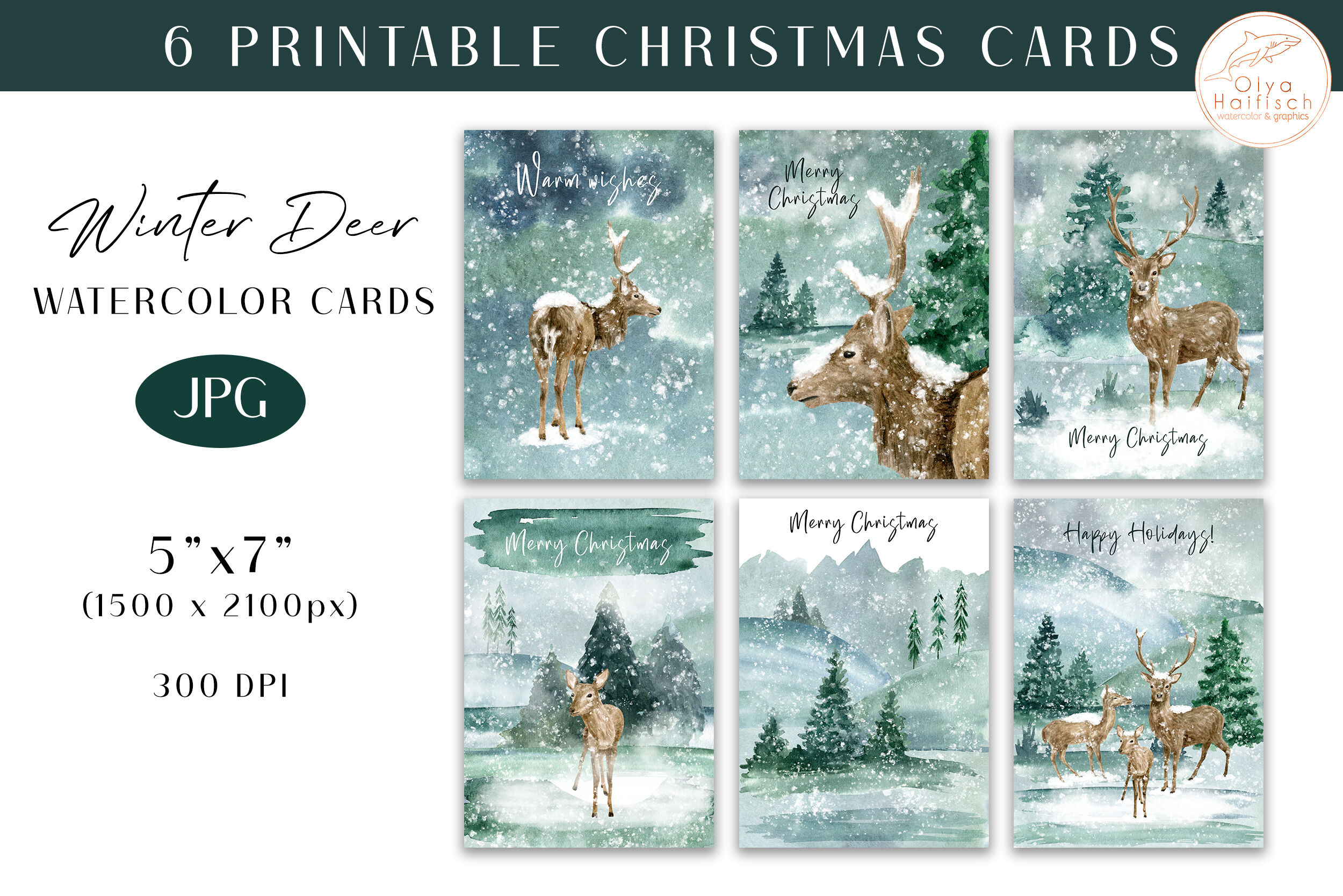 Watercolor Printable Christmas Cards. Winter Woodland Deer Illustratio ...