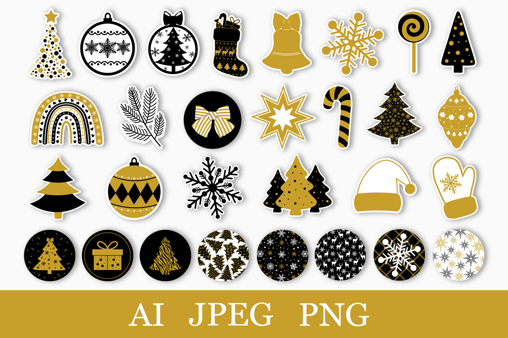 Christmas Sticker black and gold. Stickers Printable PNG By IrinaShishkova