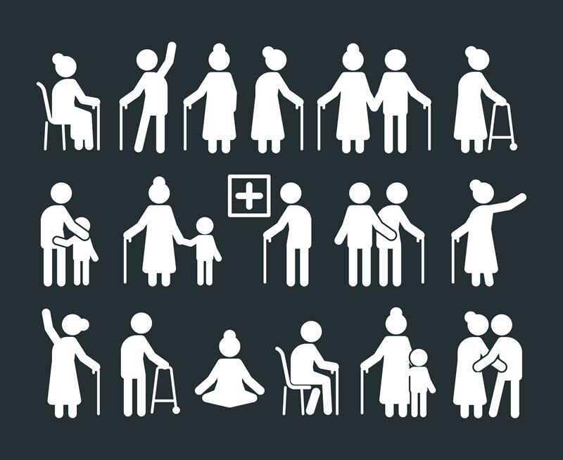 Seniors pictogram. Elderly people standing in various poses old parent ...