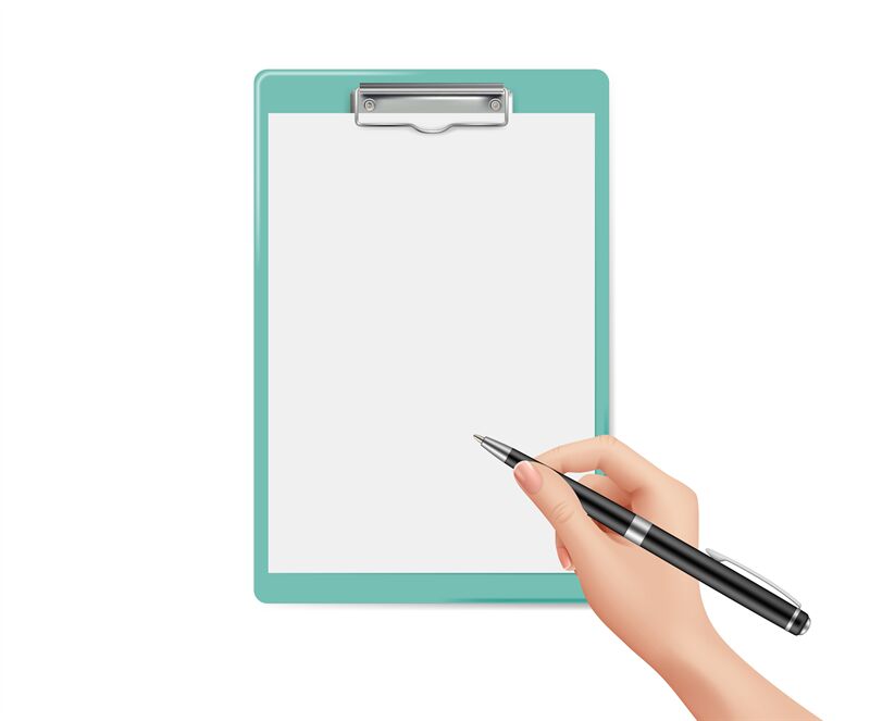 Document signature. Hand holds pen, blank paper notebook page