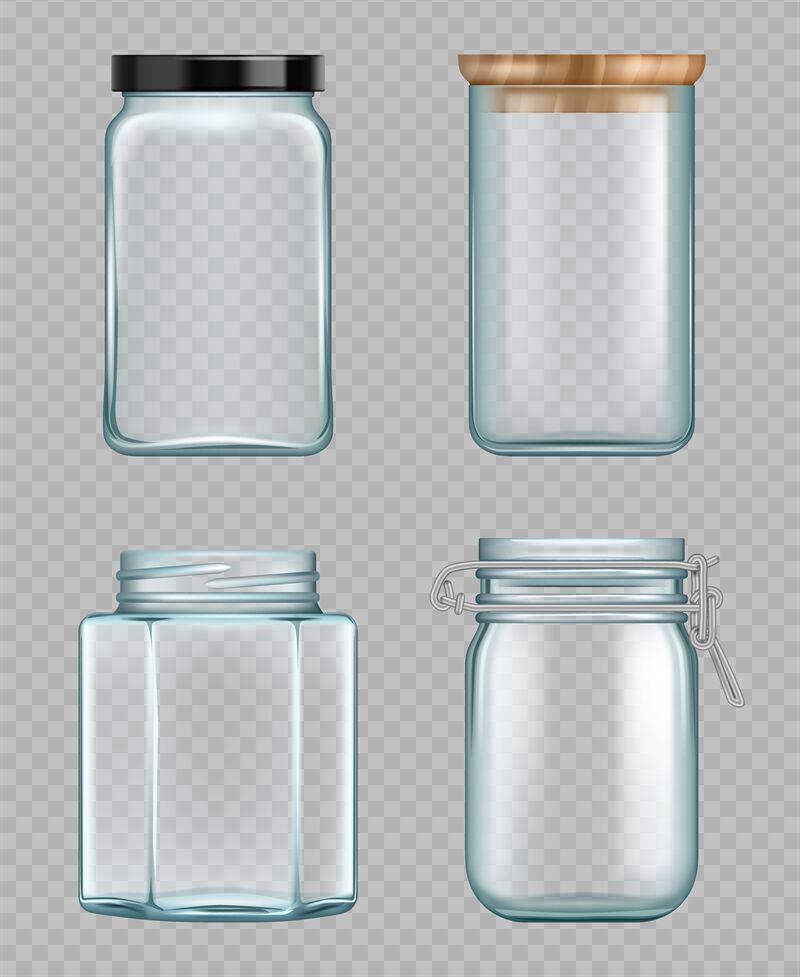 Transparent jar. Empty glass bottles liquid food containers vector