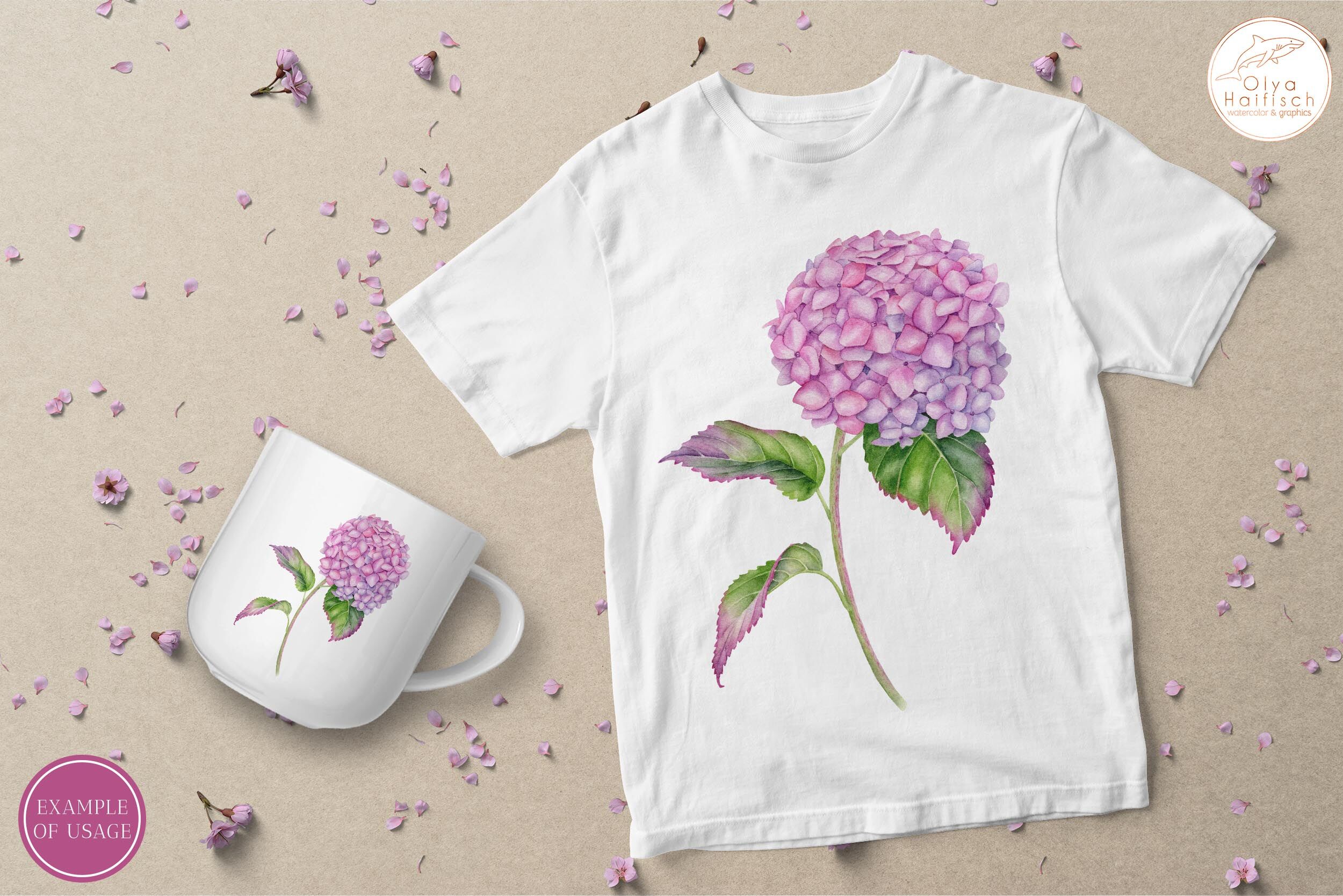 Watercolor Hydrangea Clipart. Pink Flower Sublimation PNG File By