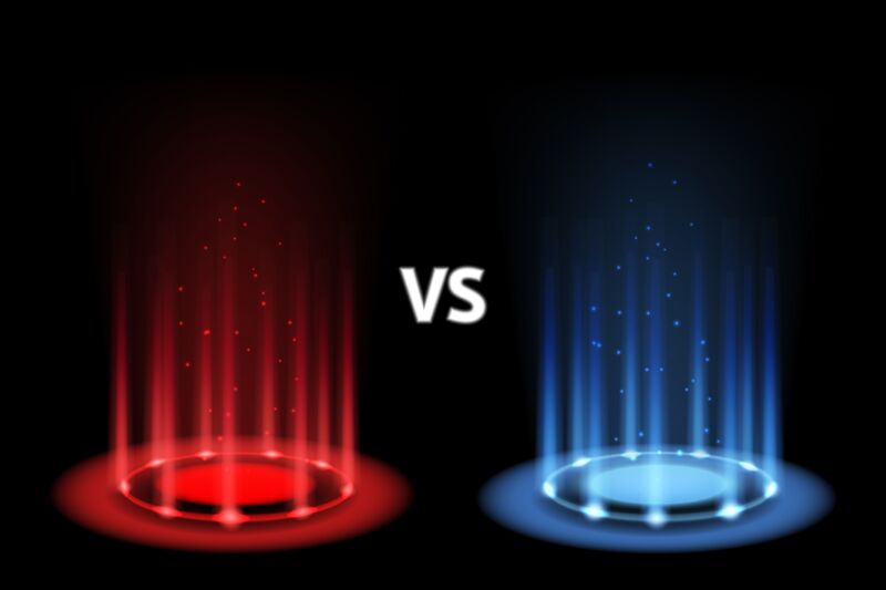 Versus battle. Portal magic with neon blue and red lightning. Realisti ...