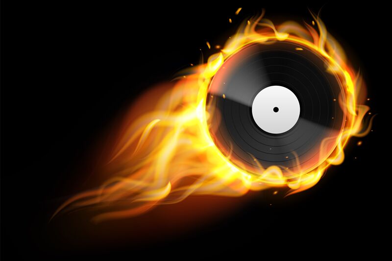 Burning vinyl record. Realistic analog audio disc with fire trace. Ret ...
