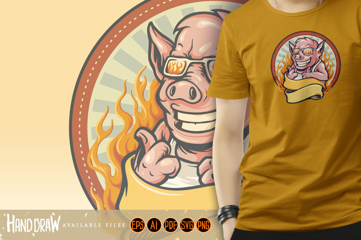 Pig barbecue bbq mascot logo Ribbon Fire Vintage By ...