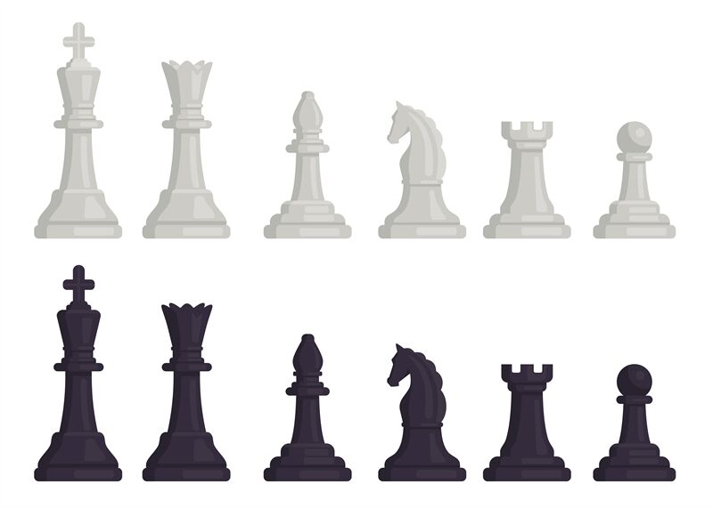 Cartoon black and white chess pieces icons. Flat chessmen, queen