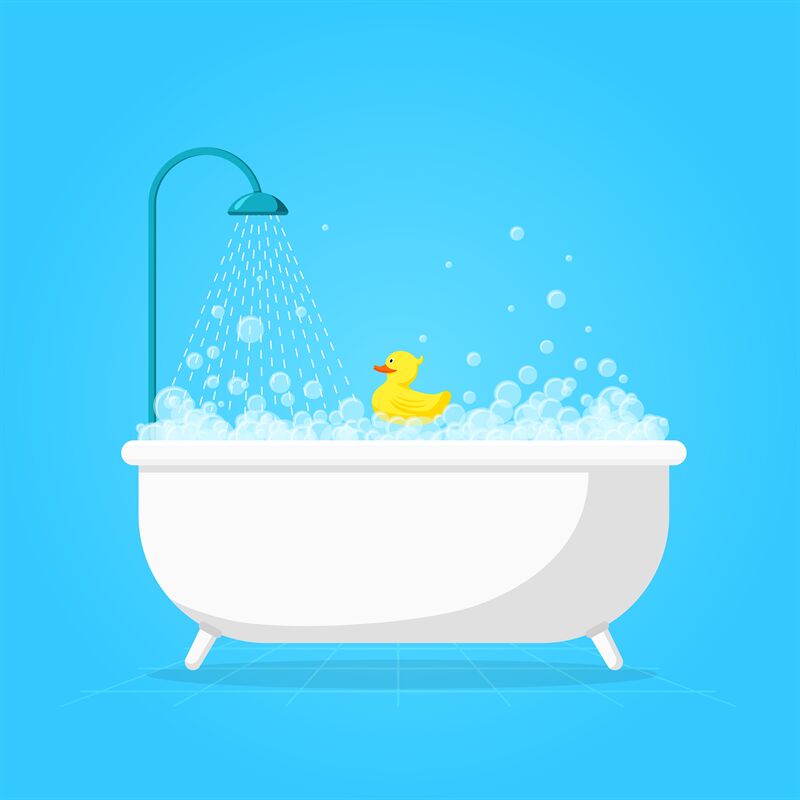 Cartoon bathtub with foam. Cute white tub, shower soap bubble and duck By  Microvector | TheHungryJPEG