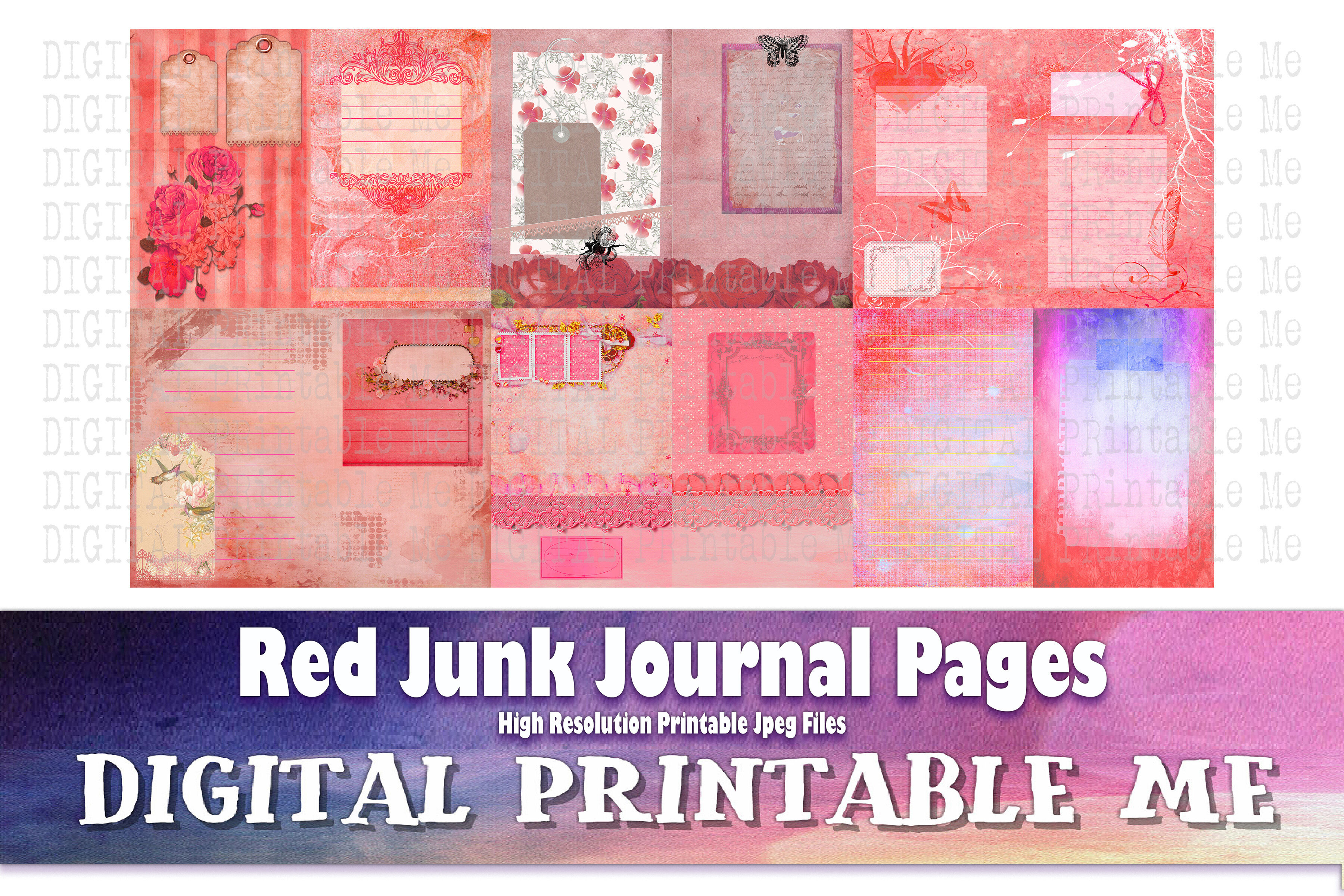 Junk Journal Pages, Coral Pink Red Blank Cards, Scrapbook Supplies
