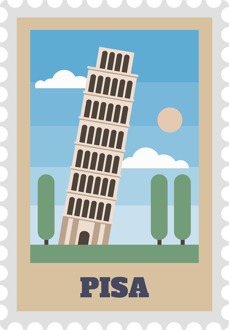 Pisa tower postal stamp with sight vintage By WinWin_artlab
