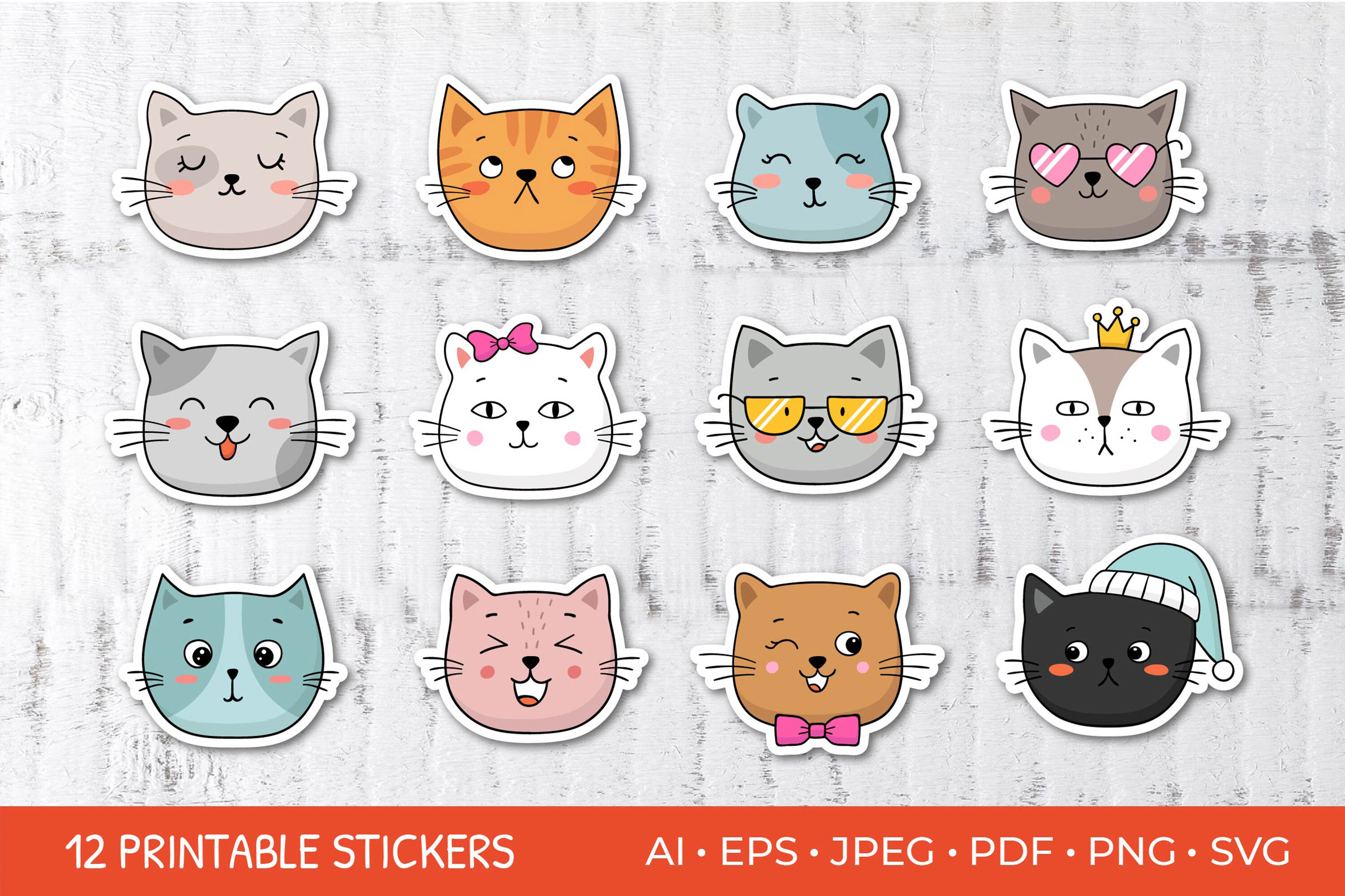 Cute Cat Faces Stickers, Printable Sticker Bundle By Yuliya Lins