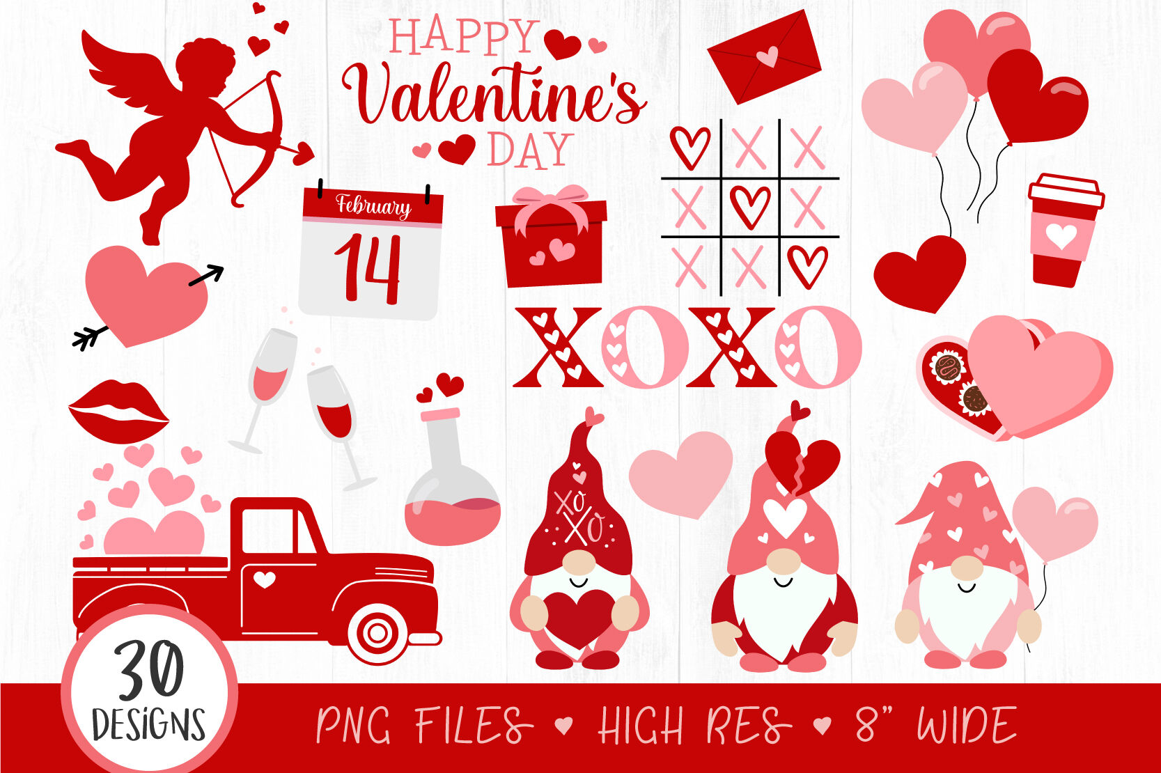 30 Valentines Day Clipart Bundle, Red Truck, PNG By Twingenuity