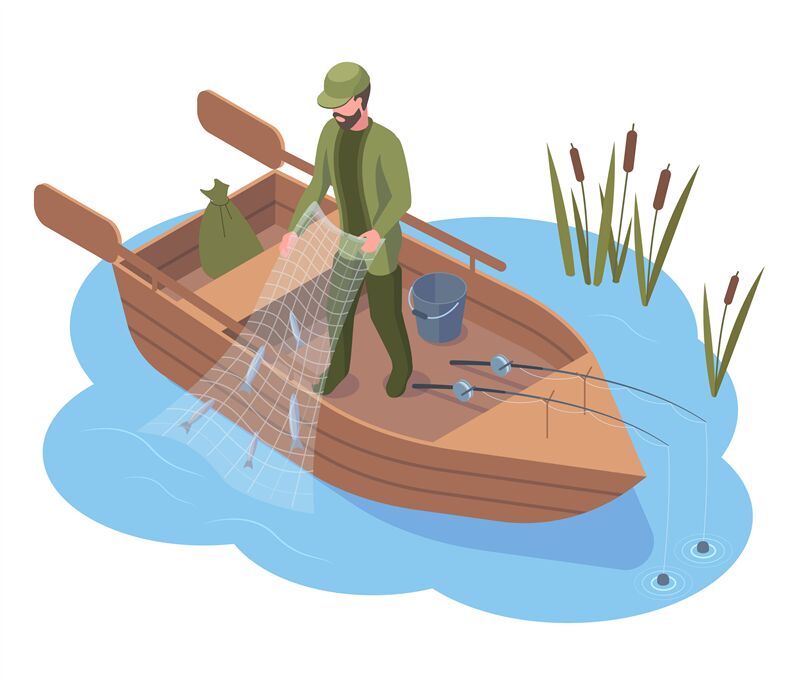 Isometric fisherman character fishing in river used fishing equipment. By  WinWin_artlab