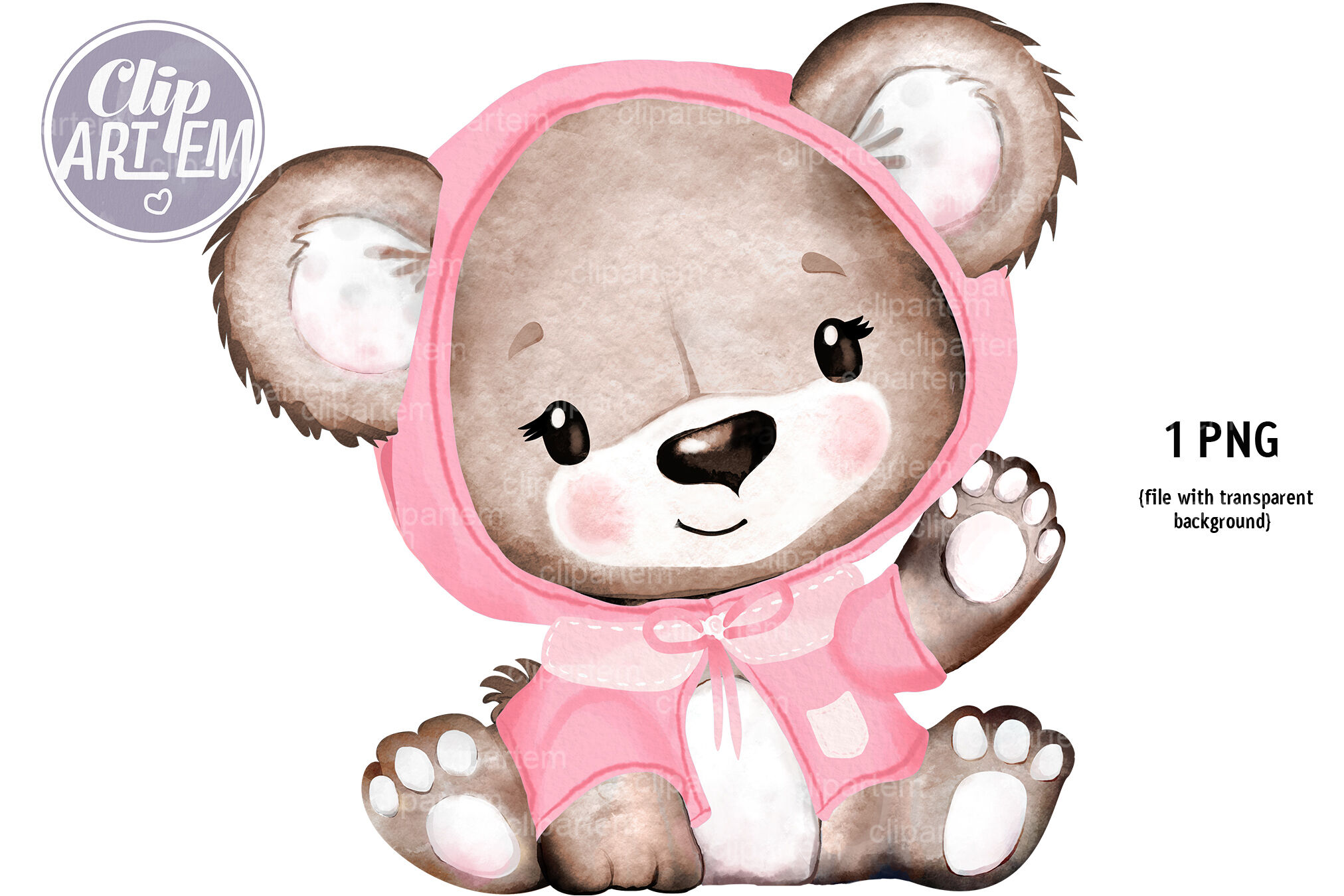 Sweet Girl Teddy Bear in Pink Brown watercolor clip art, image sublima By  clipArtem