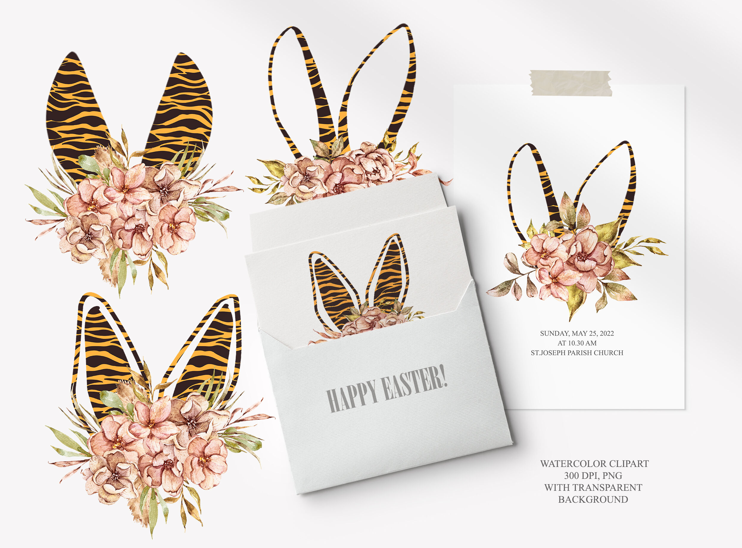 Cute tiger bunny ears sublimations / clipart - 5 png files By Tiana Geo Art  | TheHungryJPEG