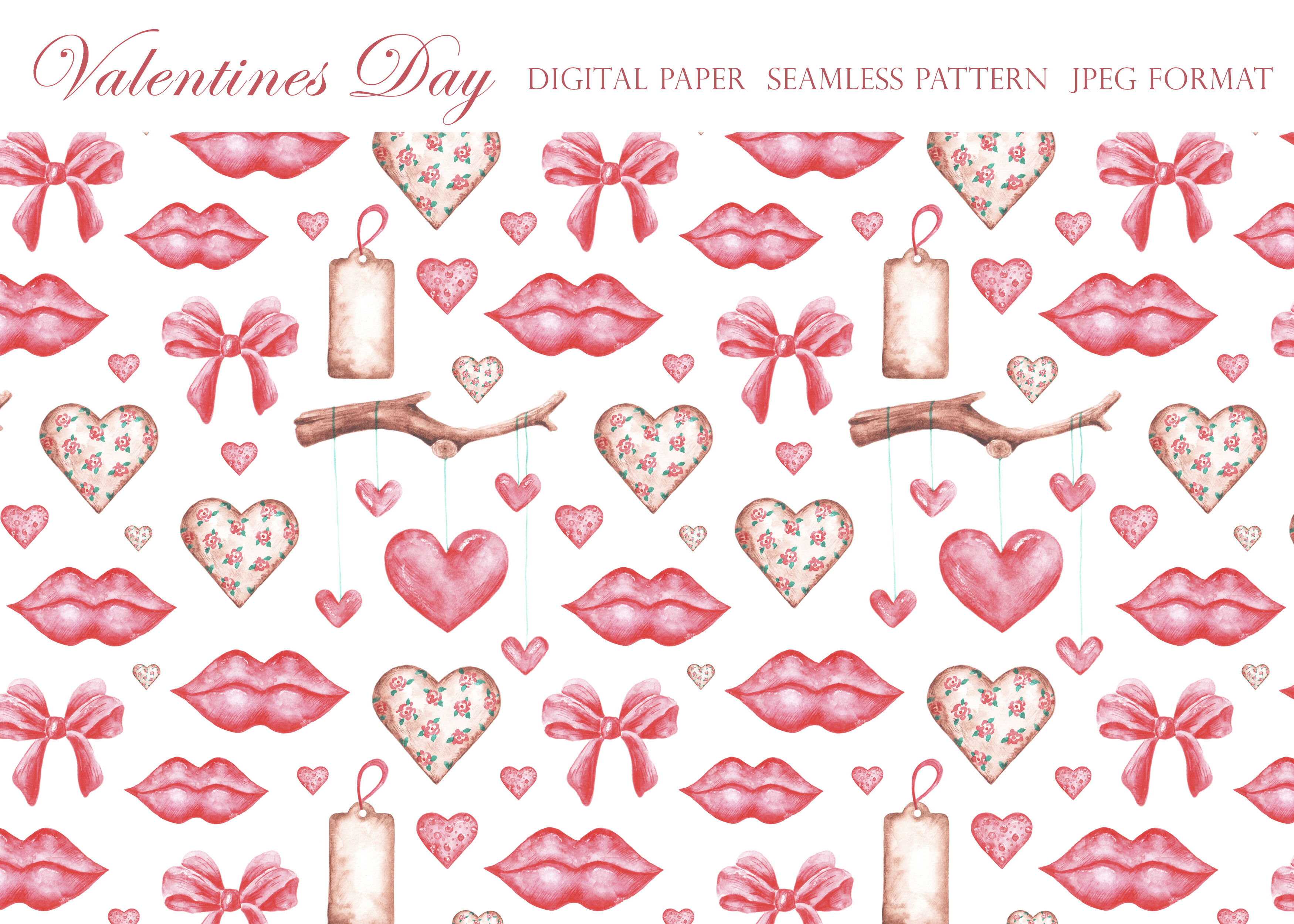 Watercolor Romantic Print Valentines Day Wrapping Paper Seamless