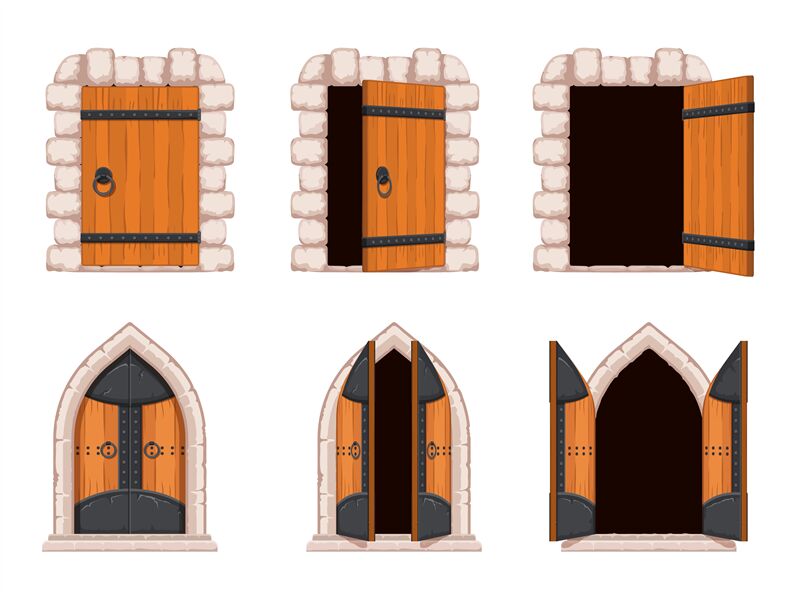 Cartoon open and closed medieval castle door and dungeon gate. Ancient By  Tartila | TheHungryJPEG