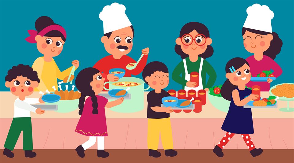 Kids buffet concept. School canteen, chefs giving food for children. S By  Microvector