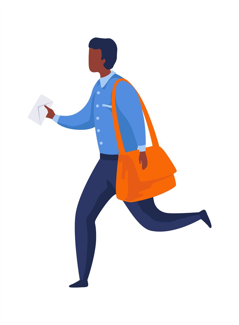 Postman run with letter. Mailman in blue uniform and big bag deliverin By  SpicyTruffel | TheHungryJPEG