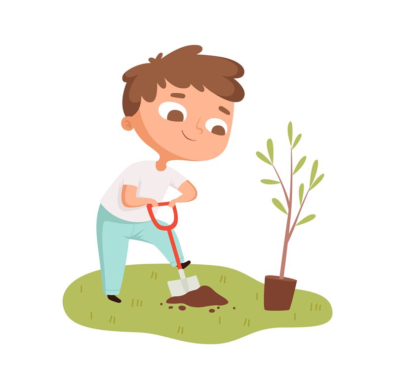 Boy planting tree. Toddler digging hole, cartoon baby plant growing an By  ONYX | TheHungryJPEG